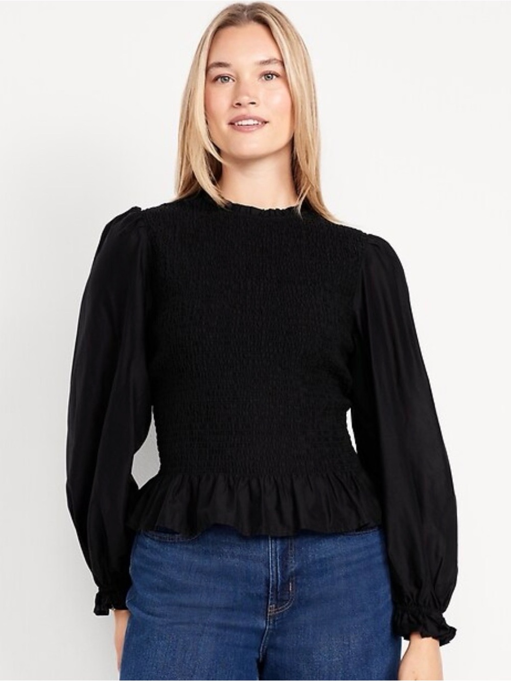 NWT Old Navy Long-Sleeve Smocked Top, Black, Size XLT (Tall)
